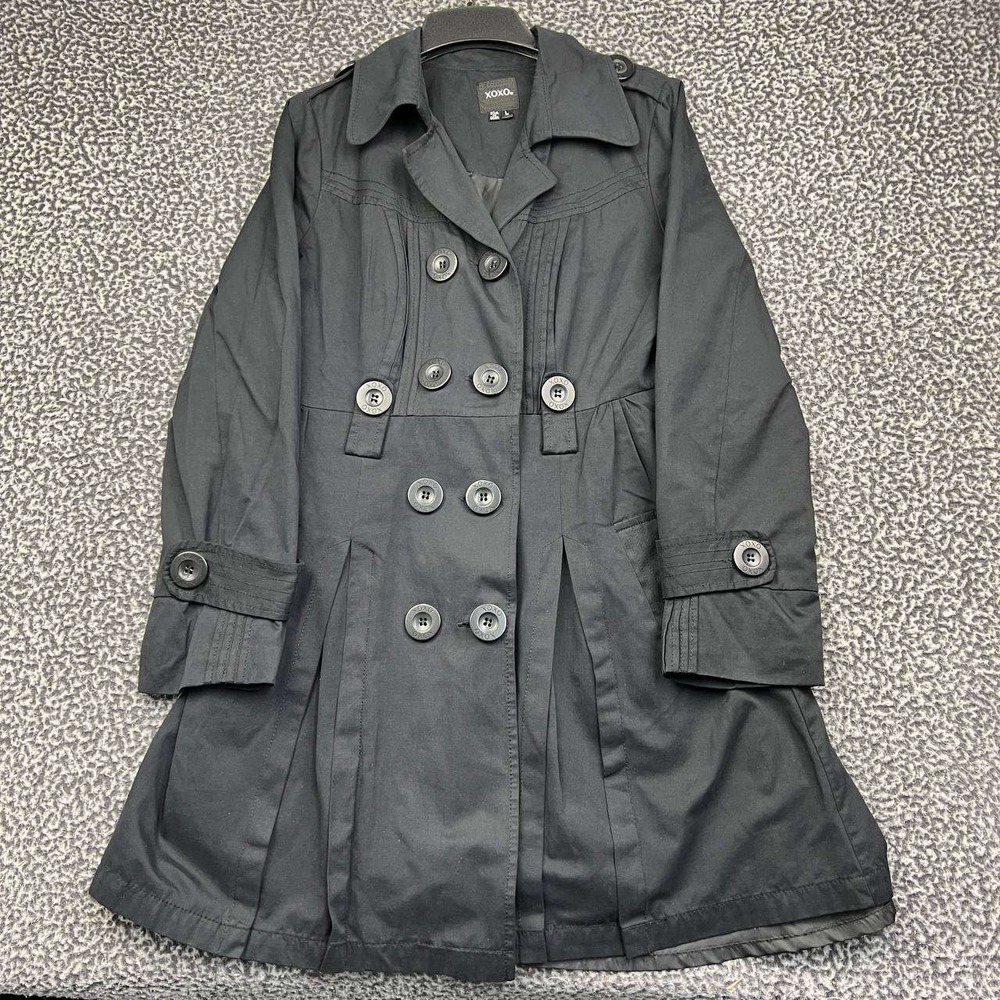 XOXO Trench Coat Jacket Women Large Black Button Long Sleeve L